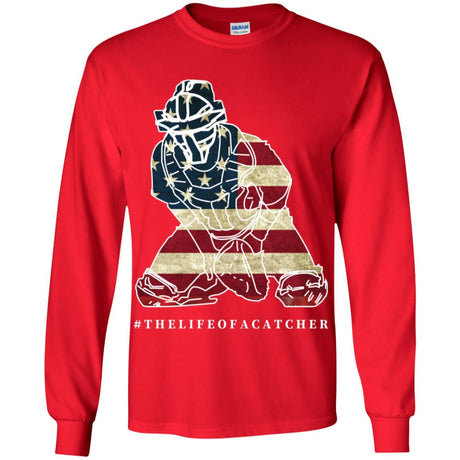 American Flag Catcher Youth Long Sleeve T-Shirt - Red