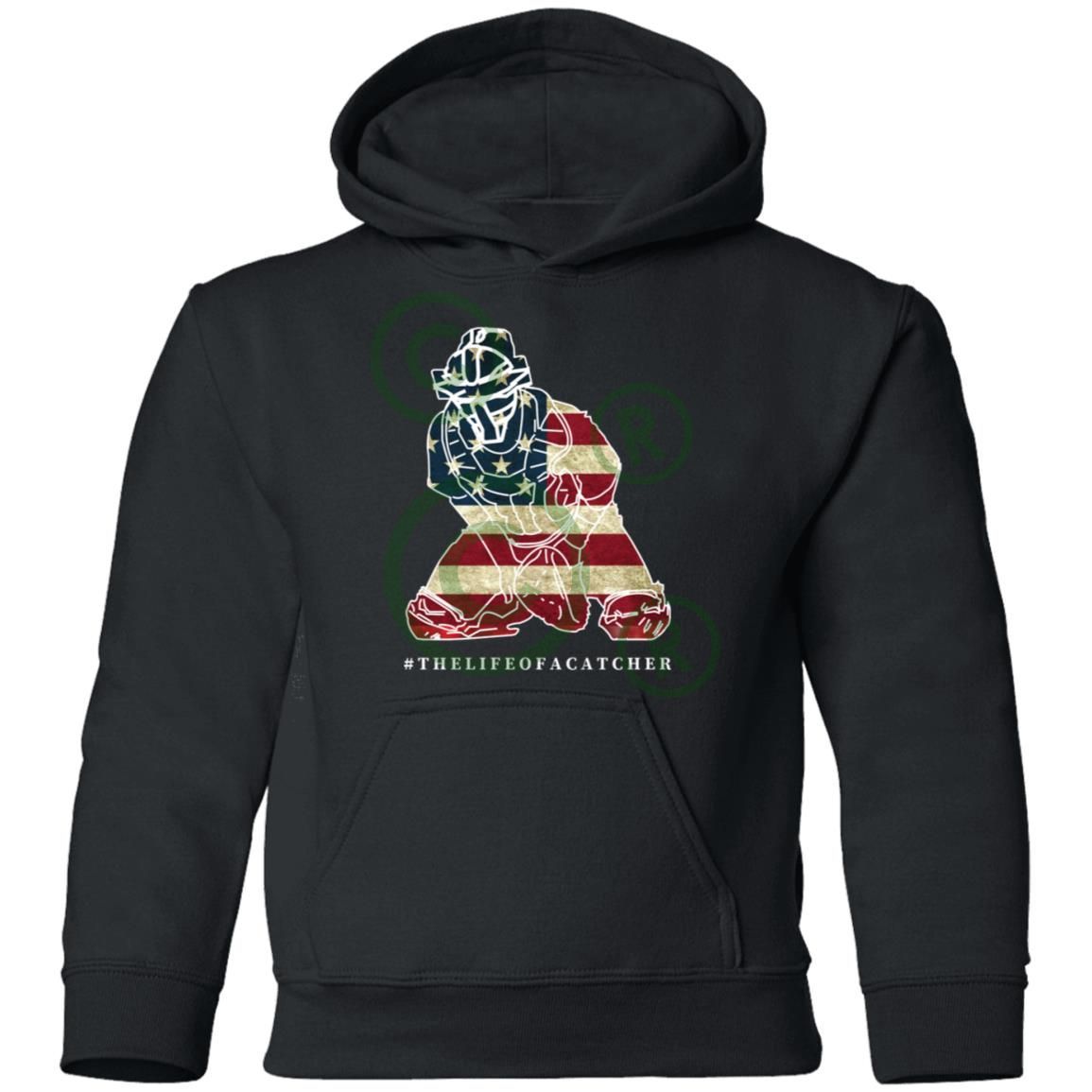 American Flag Catcher Youth Pullover Hoodie - Black