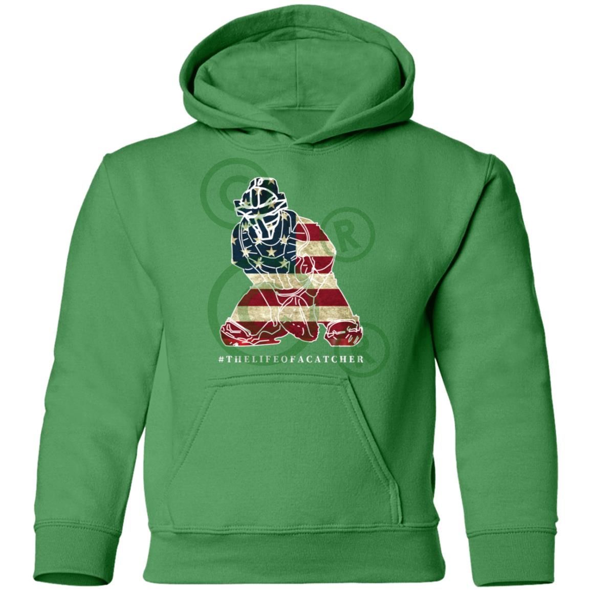 American Flag Catcher Youth Pullover Hoodie - Green