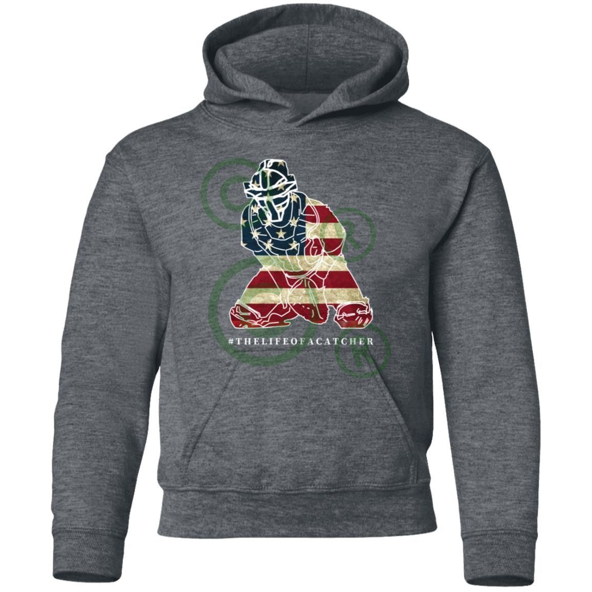 American Flag Catcher Youth Pullover Hoodie - Heather