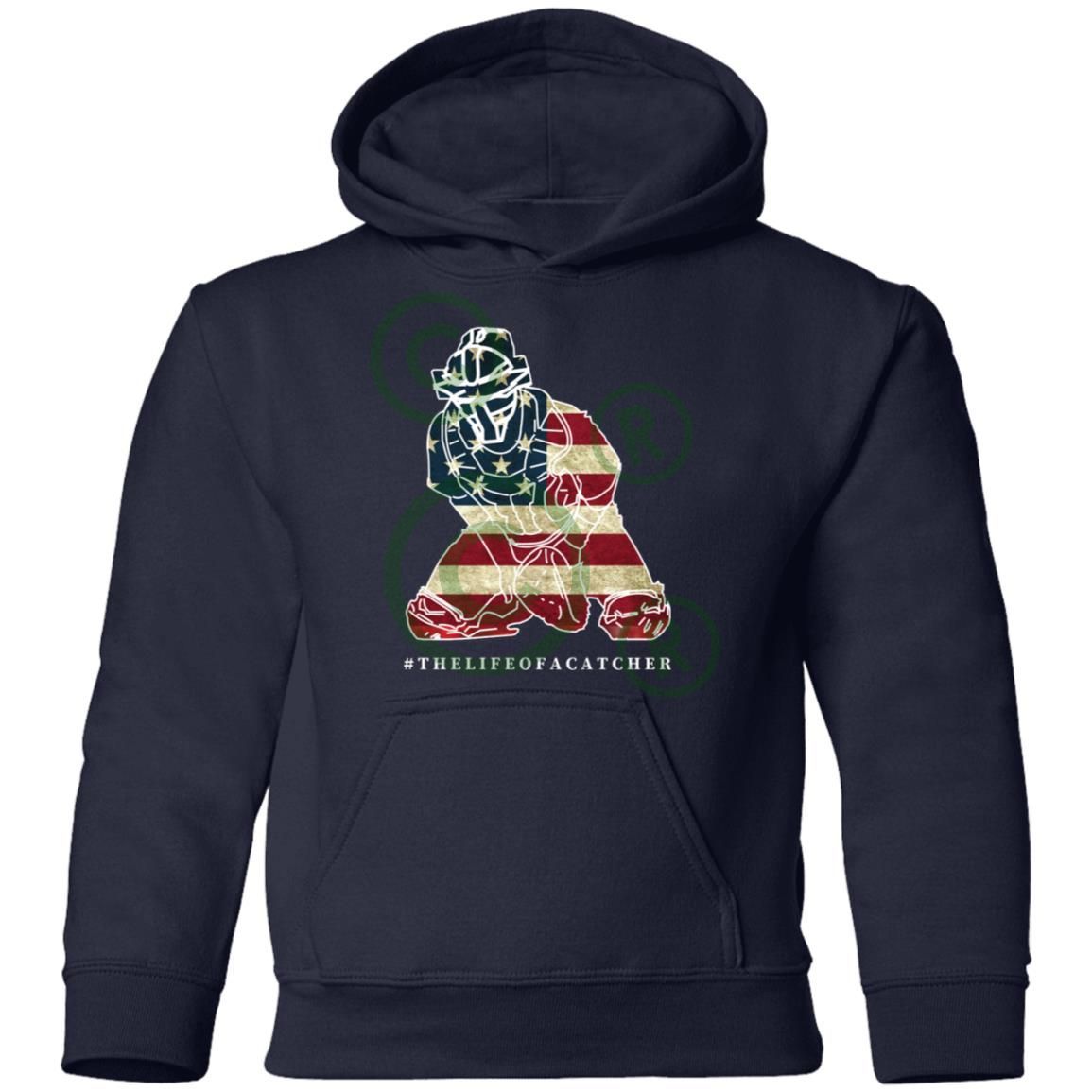 American Flag Catcher Youth Pullover Hoodie - Navy