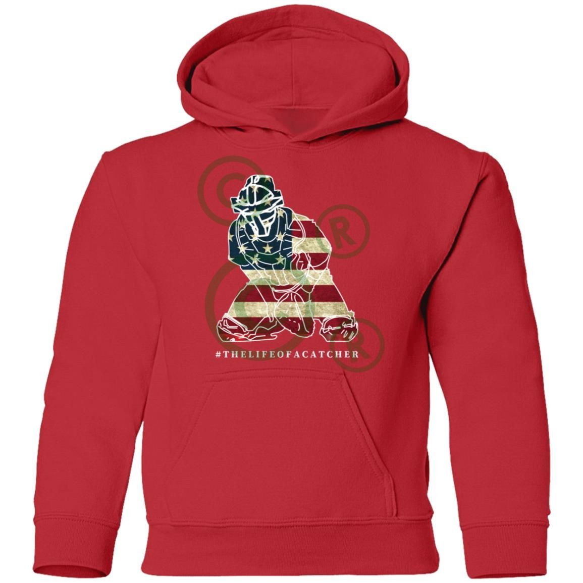 American Flag Catcher Youth Pullover Hoodie -  Red