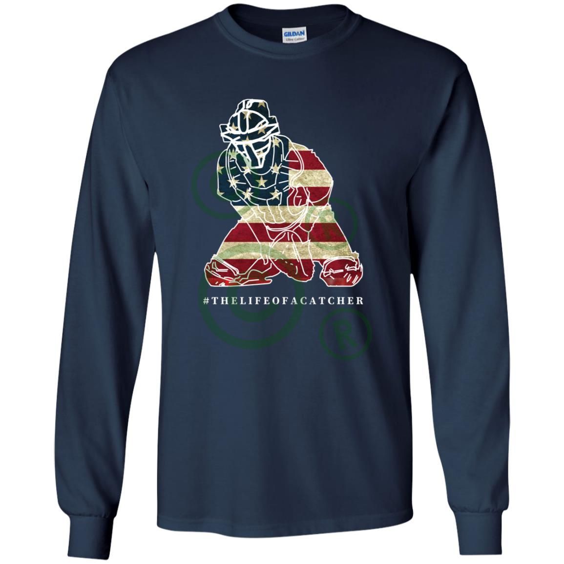 American Flag Catcher Youth Long Sleeve T-Shirt - Navy