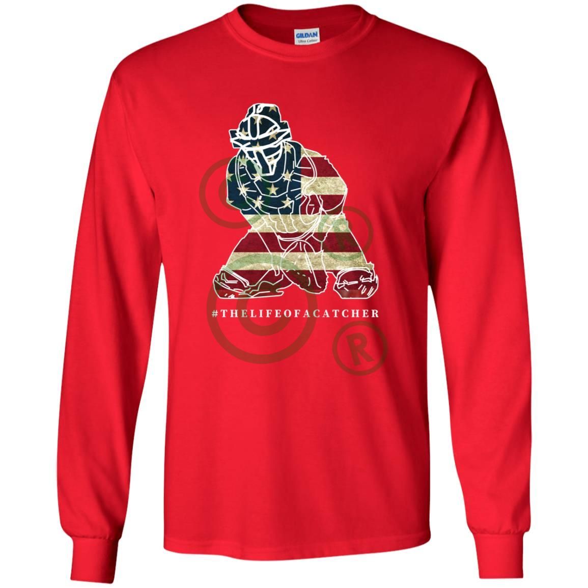 American Flag Catcher Youth Long Sleeve T-Shirt - Red