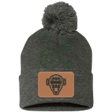 The Catching Guy Logo Baseball Catching Mask Pom Pom Knit Beanie Cap dark grey