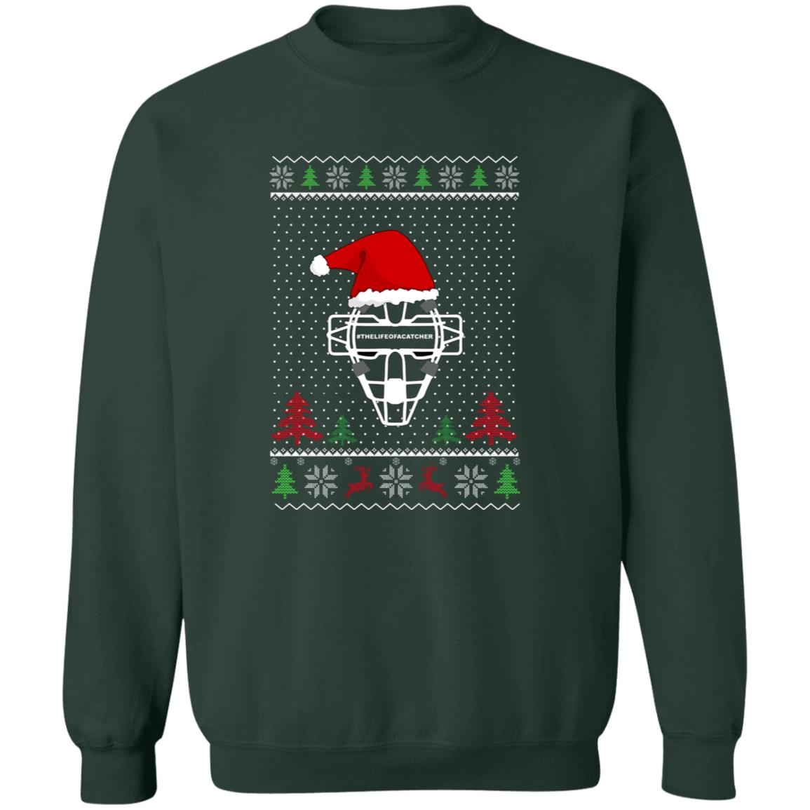 Ugly Christmas Sweater Catcher's Mask - Unisex Crew Neck Sweater - Santa Hat - Forest Green