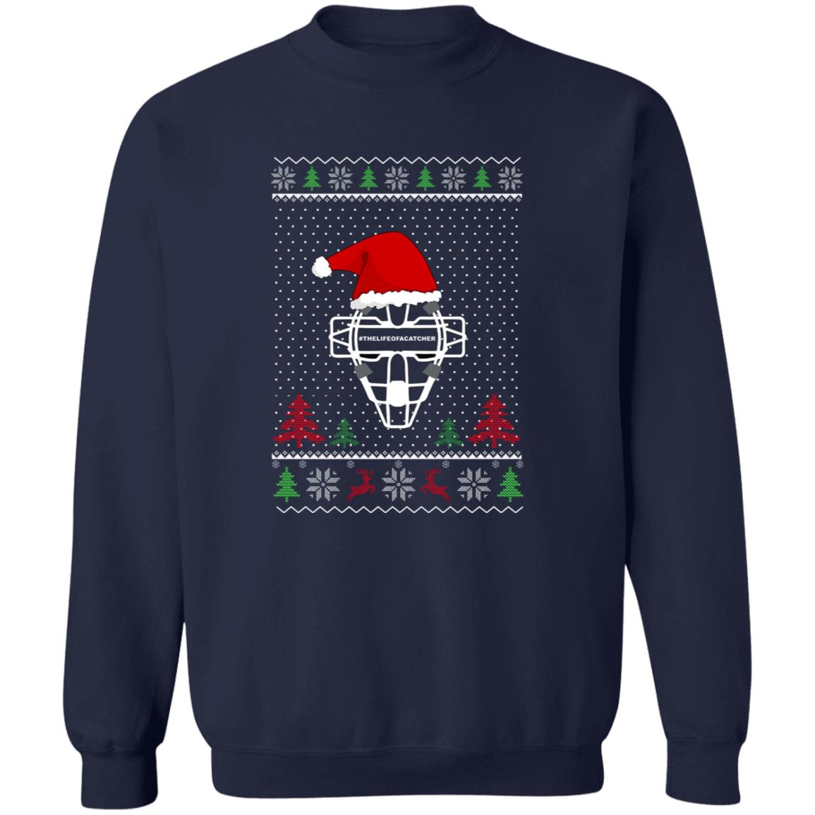 Ugly Christmas Sweater Catcher's Mask - Unisex Crew Neck Sweater - Santa Hat - Navy