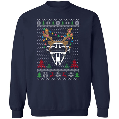 Ugly Christmas Sweater Catcher's Mask - Unisex Crew New Sweater - Navy -Reindeer