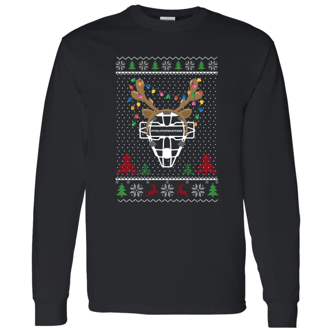 Ugly Christmas Sweater Catcher's Mask - Unisex Long Sleeve T Shirt - Black -Reindeer