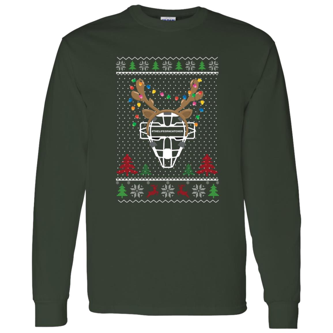 Ugly Christmas Sweater Catcher's Mask - Unisex Long Sleeve T Shirt - Forest Green -Reindeer