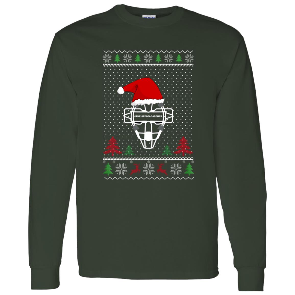 Ugly Christmas Sweater Catcher's Mask - Unisex Long Sleeve T-Shirt - Santa Hat - Forest Green