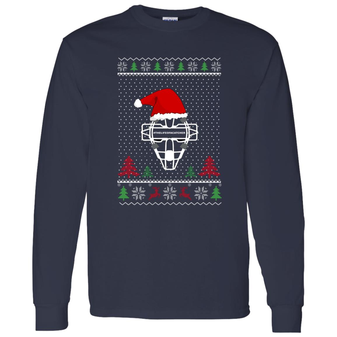 Ugly Christmas Sweater Catcher's Mask - Unisex Long Sleeve T-Shirt - Santa Hat - Navy