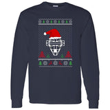 Ugly Christmas Sweater Catcher's Mask - Unisex Long Sleeve T-Shirt - Santa Hat - Navy